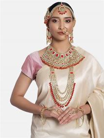 img 3 attached to Aheli Ethnic Indian Traditional Kundan Bridal Jewelry Set - Bollywood Fashion with Choker, Earrings, Maang Tikka & Hathphool for Women