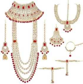 img 4 attached to Aheli Ethnic Indian Traditional Kundan Bridal Jewelry Set - Bollywood Fashion with Choker, Earrings, Maang Tikka & Hathphool for Women