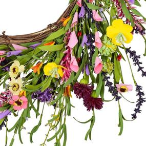 img 3 attached to 🌼 Wofair 21 Inch Lavender Daisy Flower Welcome Front Door Wreath: A Stunning Artificial Spring/Summer/Fall Farmhouse Decor with Leaves Sere Vine - Perfect Outdoor Greenery Wreath for Home Wall, Porch, or Wedding