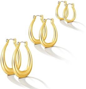 img 4 attached to Hoop Earring Set: Fashionable Chunky Gold Oval Teardrop Jewelry Pack for Women, Teens, and Girls with Sensitive Ears