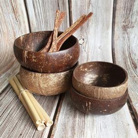img 1 attached to 🌴 Набор "Rainforest Bowls Eco-Kitchen" 2 шт. - маленькие и крупные оригинальные кокосовые чаши + кокосовые деревянные приборы + бамбуковые соломинки - экологичные, 100% натуральные - подарок для зеленых кухонь без отходов