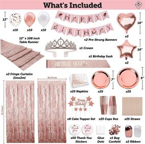 img 2 attached to 🎉 Complete 225 PC Rose Gold Birthday Party Decorations Kit for Girls, Teens, Women - Happy Birthday Banners, Curtains, Table Runner, Balloons, Sash, Tiara, Cake Topper, Plates, Cups, Napkins, Straws - Ideal for 25 Guests & More!