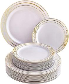 img 4 attached to 40 Piece Set of Heavy Duty Plastic Plates - 20 Dinner Plates + 20 Salad Plates - Elegant Plastic Dinnerware with Fine China Look from Bella Collection (Gold)