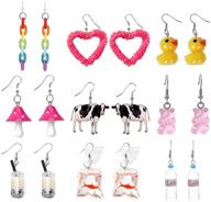 🌈 cute y2k earring set - trendy, funny, and creative rainbow indie aesthetic goldfish, duck, cow, and mushroom earrings for girls and women logo