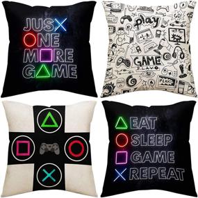 img 4 attached to Just One More Game Square Throw Pillow Case Computer Games Doodles Cushion Cover for Game Boys Bedroom Playroom 18"x 18", 4 Pack: The Ultimate Gaming Decor for Game Boys!