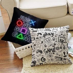 img 2 attached to Just One More Game Square Throw Pillow Case Computer Games Doodles Cushion Cover for Game Boys Bedroom Playroom 18"x 18", 4 Pack: The Ultimate Gaming Decor for Game Boys!