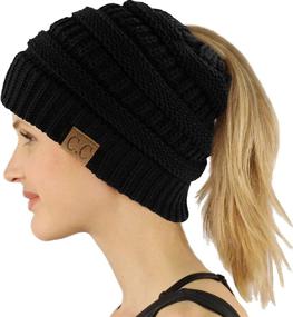 img 2 attached to 🧣 Soft Winter Knit Stretch Beanie Hat with CC Ponytail Messy Bun BeanieTail