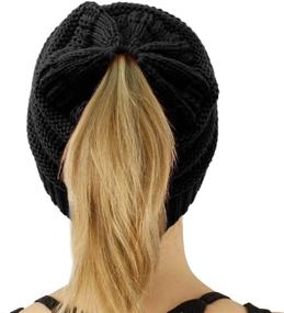 img 1 attached to 🧣 Soft Winter Knit Stretch Beanie Hat with CC Ponytail Messy Bun BeanieTail