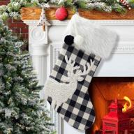 🎄 edldecco 20" buffalo check christmas stocking with pom pom faux fur cuff, deer applique - black & white plaid home xmas tree mantel holiday decoration ornaments logo