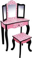 enhanced seo: teamson kids gisele leopard print wooden vanity set with tri-fold mirror table and chair, pink/black logo