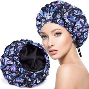 img 4 attached to 💦 Luxurious, Reusable Waterproof Shower Cap for Women with Silk Satin Lining - Extra Large Size, Adjustable for Long Hair