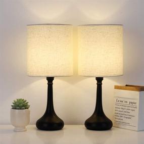 img 4 attached to 🛋️ Set of 2 Bedside Table Lamps with Black Metal Base and Ivory White Fabric Lamp Shade - Perfect for Bedroom and Living Room Décor (Bulb Not Included)