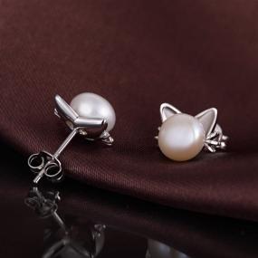 img 2 attached to 🐱 Adorable Han Han Animal Series Pearl Earrings: Sterling Silver Stud Earrings with Freshwater Cultured Pearls for Women and Girls – 7.5-8MM Cat/Birds/Deer/Bunny Earrings