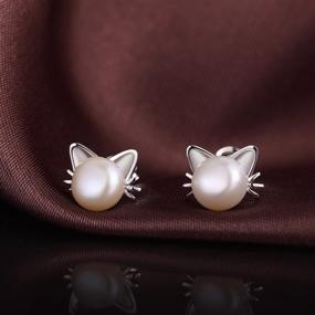 img 1 attached to 🐱 Adorable Han Han Animal Series Pearl Earrings: Sterling Silver Stud Earrings with Freshwater Cultured Pearls for Women and Girls – 7.5-8MM Cat/Birds/Deer/Bunny Earrings