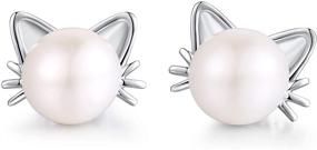 img 4 attached to 🐱 Adorable Han Han Animal Series Pearl Earrings: Sterling Silver Stud Earrings with Freshwater Cultured Pearls for Women and Girls – 7.5-8MM Cat/Birds/Deer/Bunny Earrings