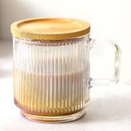 ☕ lysenn iridescent glass coffee mug with lid - premium vertical striped glass tea cup - for ,latte,tea,chocolate,juice,water, - lead-free - bamboo lid - 12.5 oz logo