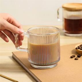 img 2 attached to ☕ Lysenn Iridescent Glass Coffee Mug with Lid - Premium Vertical Striped Glass Tea Cup - for ,Latte,Tea,Chocolate,Juice,Water, - Lead-Free - Bamboo Lid - 12.5 Oz