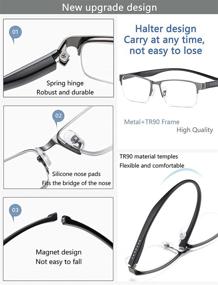 img 2 attached to 👓 Magnetic Reading Glasses for Men: Stylish Blue Light Blocking Readers by KIYOJIN (Gunmetal + Black, 1.5 Strength) - Half Frame, Wide Fit, & Neck Hanging Design!