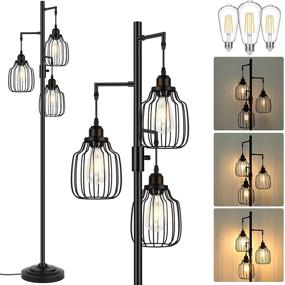 img 4 attached to 💡 3 LED Edison Bulbs Dimmable Industrial Floor Lamp - Farmhouse Tall Standing Lamp for Living Room - Rustic Black Tree Floor Lamp - Bright Vintage Pole Light with Cage Shades - Bedroom Home Decor