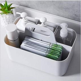 img 1 attached to Jucoan 2-Pack Plastic Storage Organizer Caddy Tote, Stackable 5-Slot Divided Basket Bin, Wall-Mounted Makeup Organizer Caddy for Bathroom and Dorm Room (Beige, 9.5 x 5.75 x 4.5 Inch)