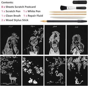 img 3 attached to 🎨 Magical Scratch Art Paper Set, Mini Envelope Postcard, Rainbow Night View Scratchboard Kit for Adults and Kids, Arts & Crafts Set: 8 Sheets Scratch Cards & 6 Tools Drawing Pen, Clean Brush (Girls and Flowers)