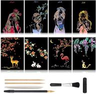 🎨 magical scratch art paper set, mini envelope postcard, rainbow night view scratchboard kit for adults and kids, arts & crafts set: 8 sheets scratch cards & 6 tools drawing pen, clean brush (girls and flowers) logo