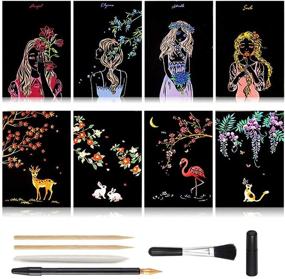 img 4 attached to 🎨 Magical Scratch Art Paper Set, Mini Envelope Postcard, Rainbow Night View Scratchboard Kit for Adults and Kids, Arts & Crafts Set: 8 Sheets Scratch Cards & 6 Tools Drawing Pen, Clean Brush (Girls and Flowers)