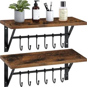 img 4 attached to 🔖 Rustic Wood Floating Shelves with Towel Holders & Hooks - Greenstell Wall Mounted Set of 2 for Bathroom and Living Room (Brown 15.75in)