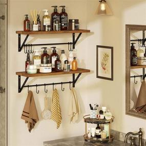 img 1 attached to 🔖 Rustic Wood Floating Shelves with Towel Holders & Hooks - Greenstell Wall Mounted Set of 2 for Bathroom and Living Room (Brown 15.75in)