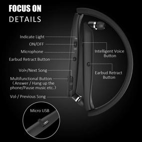 img 2 attached to 🎧 RoomyRoc Wireless Neckband Headset with Bluetooth, Siri & Bixby Activation, Retractable Earbuds, Sweat-Proof Sports Earphones with Noise Cancelling, Mic and Foldable Design (Black)