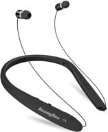 🎧 roomyroc wireless neckband headset with bluetooth, siri & bixby activation, retractable earbuds, sweat-proof sports earphones with noise cancelling, mic and foldable design (black) logo