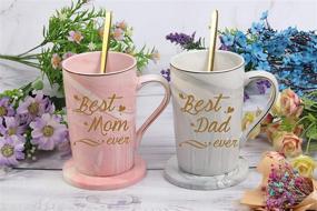 img 1 attached to Dual Delight: Exquisite Mom and Dad Coffee Mugs with Spoon & Mug Mat – Ideal Gifts for Birthdays, Mother's Day, Father's Day from Daughter Son - 14oz Pink and Gray - Comes in a Gift Box