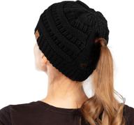 c.c exclusives soft stretch cable knit messy bun ponytail 🧣 beanie winter hat for women: stay fashionable and warm with mb-20a (ccb-1) logo