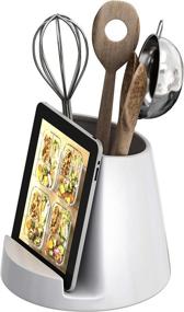 img 2 attached to 🍳 Ceramic Utensil Holder & Tablet Stand - Modern White Crock with Tablet Holder - Stylish Utensil Caddy for Cooks - iPad or Recipe Book Holder - Decorative Cookbook Stand - 7.11"x 8.5