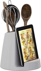 img 4 attached to 🍳 Ceramic Utensil Holder & Tablet Stand - Modern White Crock with Tablet Holder - Stylish Utensil Caddy for Cooks - iPad or Recipe Book Holder - Decorative Cookbook Stand - 7.11"x 8.5