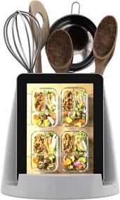 img 3 attached to 🍳 Ceramic Utensil Holder & Tablet Stand - Modern White Crock with Tablet Holder - Stylish Utensil Caddy for Cooks - iPad or Recipe Book Holder - Decorative Cookbook Stand - 7.11"x 8.5