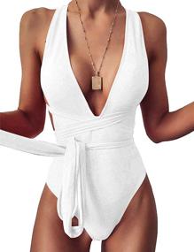 img 4 attached to Stunning KBREAUR Women's Halter Bandage Deep V Neck Monokini Swimsuit: Flaunt Your Style in this Elegant Swimwear