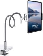 flexible arm tablet holder, lamicall gooseneck tablet stand: clip mount for ipad mini pro air, switch, galaxy tabs, and more 4.7-10.5" devices - gray logo