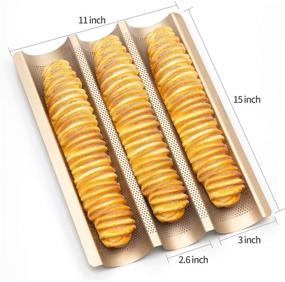 img 3 attached to 🥖 Angiemic 15"x11" Nonstick French Baguette Pans for Baking Carbon Steel - 3 Loaf Perforated Baguette Baking Tray Bread Tray Bake Mold Cooking Oven Toaster Pan Cloche Waves Bakeware Golden