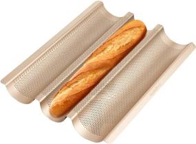 img 4 attached to 🥖 Angiemic 15"x11" Nonstick French Baguette Pans for Baking Carbon Steel - 3 Loaf Perforated Baguette Baking Tray Bread Tray Bake Mold Cooking Oven Toaster Pan Cloche Waves Bakeware Golden