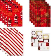 🎁 hallmark flat christmas wrapping paper sheets: cutlines, gift tags, red, white, and gold stripes, santa claus, snowflakes on plaid logo
