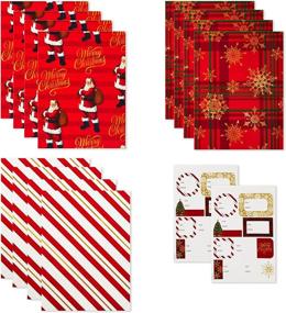 img 4 attached to 🎁 Hallmark Flat Christmas Wrapping Paper Sheets: Cutlines, Gift Tags, Red, White, and Gold Stripes, Santa Claus, Snowflakes on Plaid