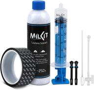 🔧 milkit tubeless tire conversion kit: mess-free & clog-free valve solution - includes sealant bottle, injector, rim tape, valves pack, and presta valve core removal tool logo