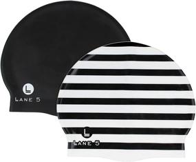 img 4 attached to 👙 Stylish Lane5 Swim - 2-Pack Adult Silicone Swim Cap with Beautiful Women's Designs. Latex-Free. Black Striped Print and Solid Black Color Options.