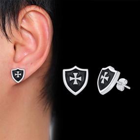 img 1 attached to 🛡️ Exquisite Stainless Steel Crusader Cross Medieval Shield Stud Earrings for Cocktail Parties