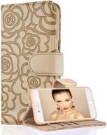 📱 flyee case for iphone 7 plus/8 plus-5.5 inch, embossed leather wallet cover with card holder, flower pattern flip case and kickstand, wrist strap included - beige logo