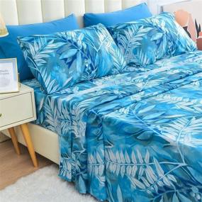 img 2 attached to 🌿 JSD Queen Blue Leaves Printed Sheet Set - Soft Microfiber Bed Sheets with Pillowcases, Deep Pocket Design