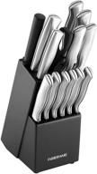 farberware stamped 15-piece high-carbon stainless steel knife block set with steak knives in black logo