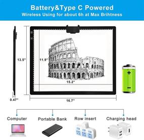 img 2 attached to 🔦 Беспроводная перезаряжаемая световая планшетка A3 от TOHETO - регулируемые 3 цвета и 6 уровней яркости светодиодной копирующей доски для контурирования, алмазной живописи и эскизов.