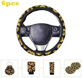 img 4 attached to 🌻 6-Piece Sunflower Car Accessories Set for Women - Universal Steering Wheel Cover with Gear Shift Cover, Handbrake Cover, Cup Holder Coaster, and Sunflower Keyring